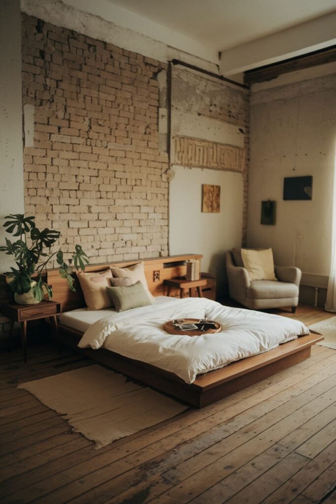An elegant bedroom showcasing a wabi sabi feel, with a low wooden platform bed, exposed brick wall, wooden floor, a large window providing natural light, and a single armchair.