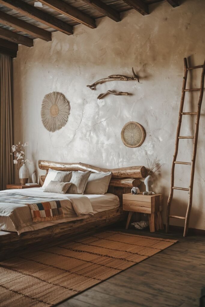 A rustic and elegant bedroom embracing the wabi sabi aesthetic, featuring a bed with a wooden log frame, a textured wall adorned with woven decor and branches, a wooden ladder, a woven rug, and wooden floor.