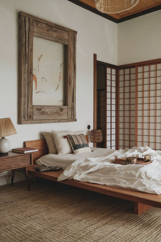 An elegant, wabi sabi bedroom featuring a low wooden bed, a large framed art piece, a wooden bedside table with a lamp, shoji screen sliding doors, and a woven rug.