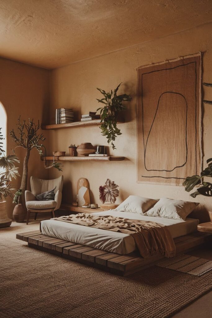 An elegant bedroom with a strong wabi sabi influence, showcasing a low wooden platform bed, textured walls, floating shelves with books and decor, various plants, an armchair, and a large woven wall hanging.