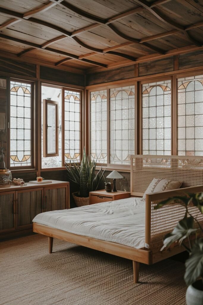 An elegant bedroom with a wabi sabi touch, featuring a wooden bed with a woven headboard, patterned window panes, wooden cabinets, and a woven rug.