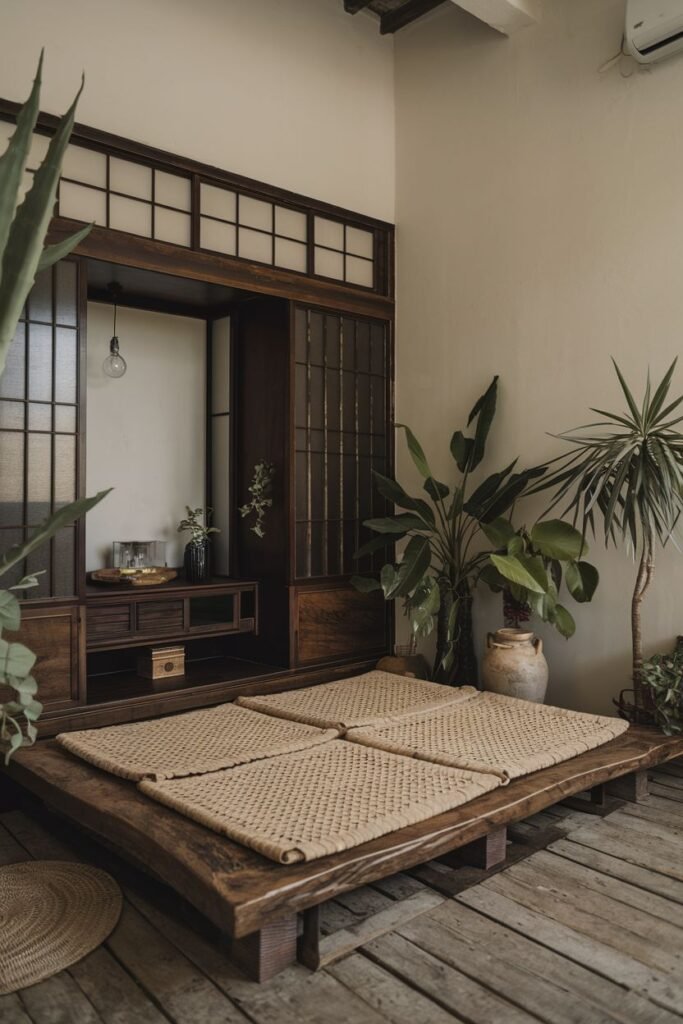An elegant, wabi sabi room with a raised wooden platform holding four woven mats, surrounded by large plants, a wooden cabinet, and shoji screen sliding doors.