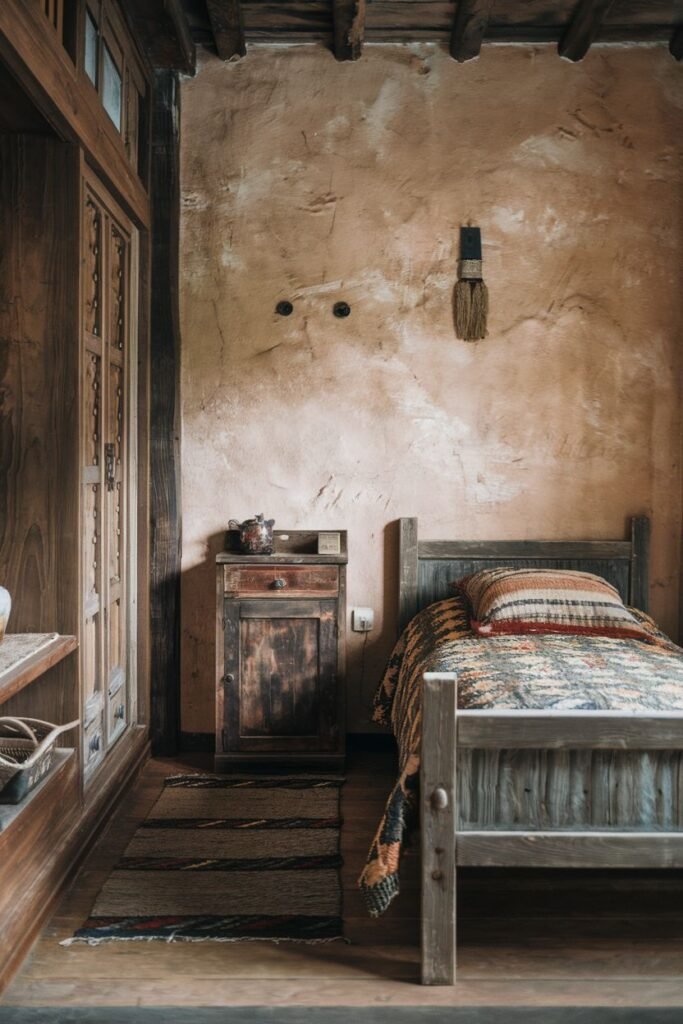 A rustic yet elegant bedroom embodying wabi sabi, with a distressed wooden bed frame, a similarly distressed wooden cabinet, a textured wall, a woven rug, and a wooden floor.