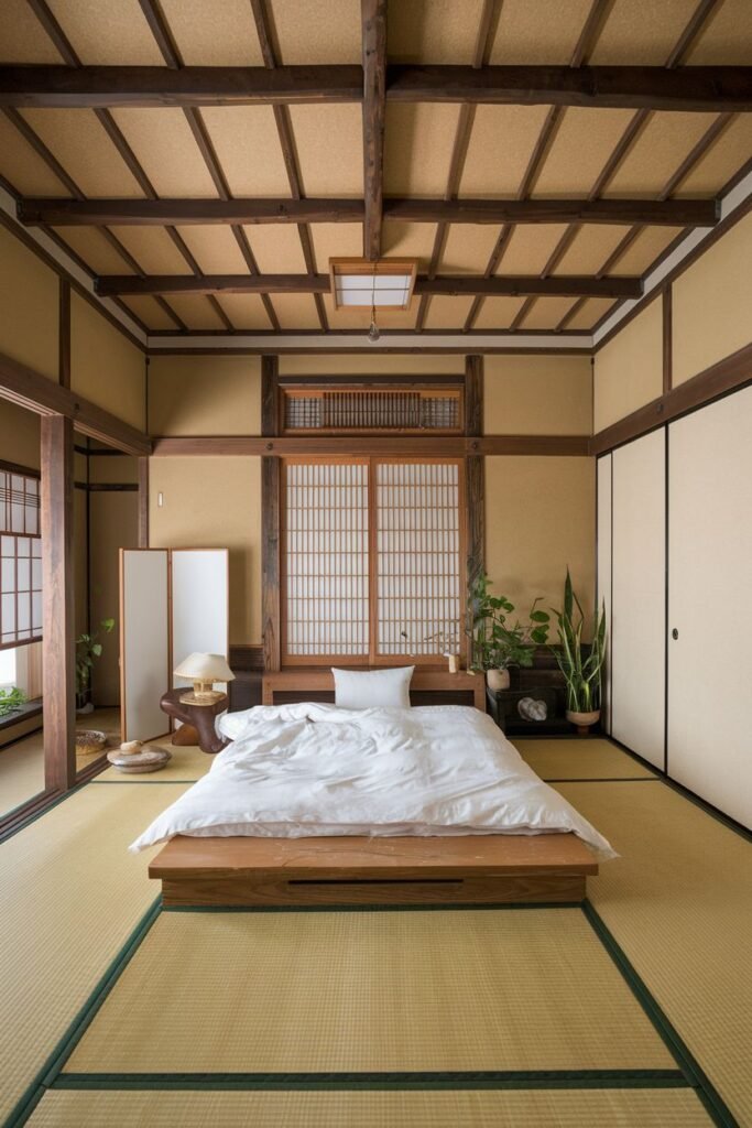 An elegant bedroom designed with wabi sabi principles, featuring a low wooden platform bed, tatami mats on the floor, shoji screen sliding doors, exposed wooden ceiling beams, and potted plants.