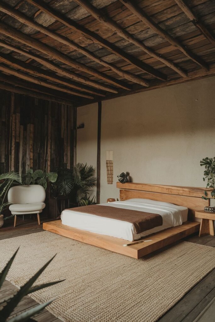 An elegant bedroom with a wabi sabi feel, featuring a low wooden platform bed, a wooden ceiling, a woven rug, a large window letting in abundant natural light, and plants.