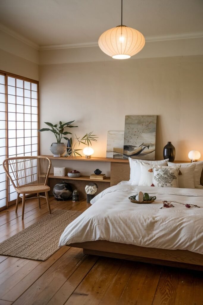 An elegant bedroom with a wabi sabi aesthetic, featuring a low wooden bed, wooden floor, a shoji screen door, a wooden shelf displaying plants and decor, and a large paper lantern light fixture.
