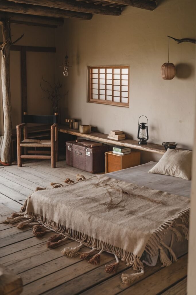 An elegant, rustic room reflecting wabi sabi, with a low wooden bed, wooden floorboards, a woven throw blanket with tassels, a wooden chair, a vintage trunk, and wooden shelves with various decor items.