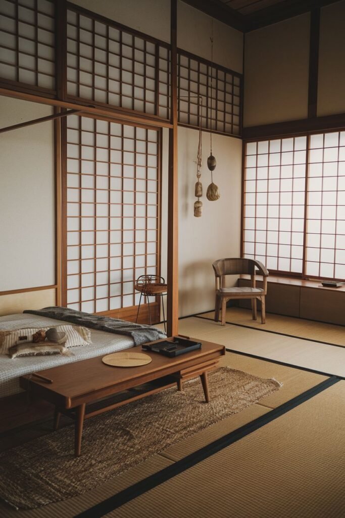 An elegant, wabi sabi room with tatami mats, a low wooden table, shoji screen doors and windows, a wooden chair, and hanging decorative elements.