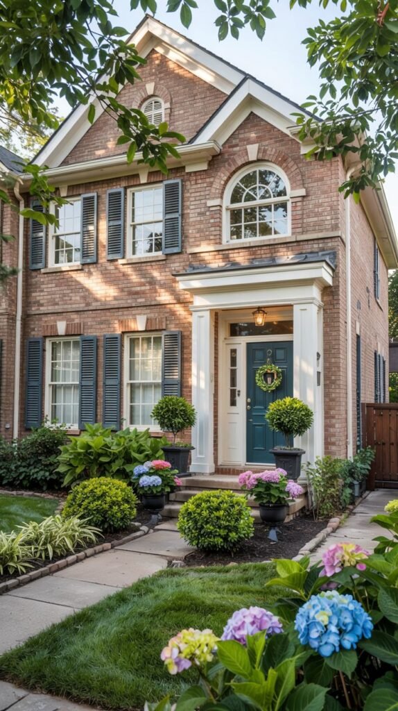 A red brick house with dark shutters, a white columned porch, a green door with a wreath, and a curved walkway lined with colorful flowers.