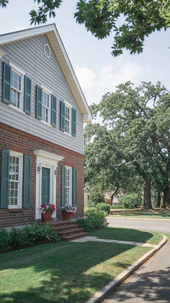 A red brick house with light grey siding on the upper level, teal shutters, and a teal door under a white porch. A large tree is visible on the right.