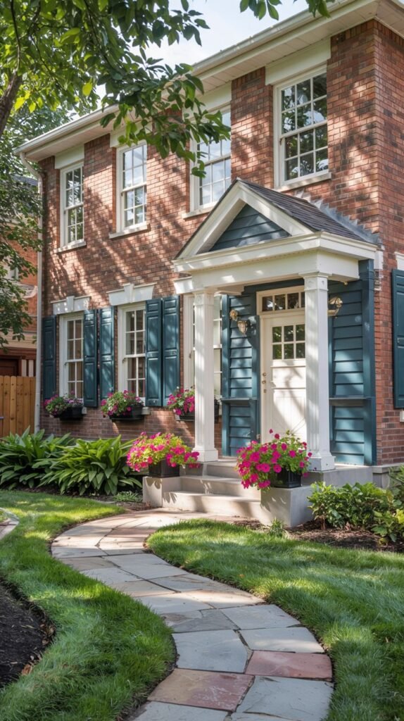 A red brick house with blue siding on the upper gable, teal shutters, and a white door under a small white porch with columns. A winding stone path leads to the entrance.