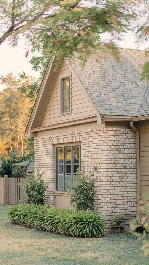 A light brown brick house with tan siding on the upper gable. Features include dark window trim and landscaping.