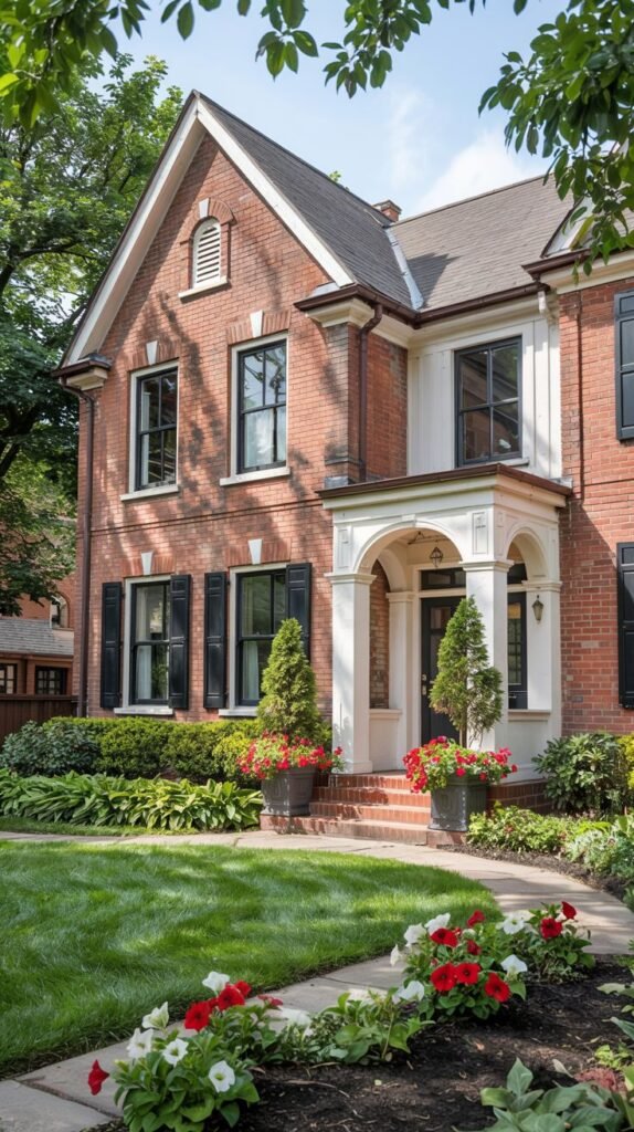 A red brick house with black windows, black shutters, and a black door under a white columned porch with potted trees. White and red flowers line the walkway.