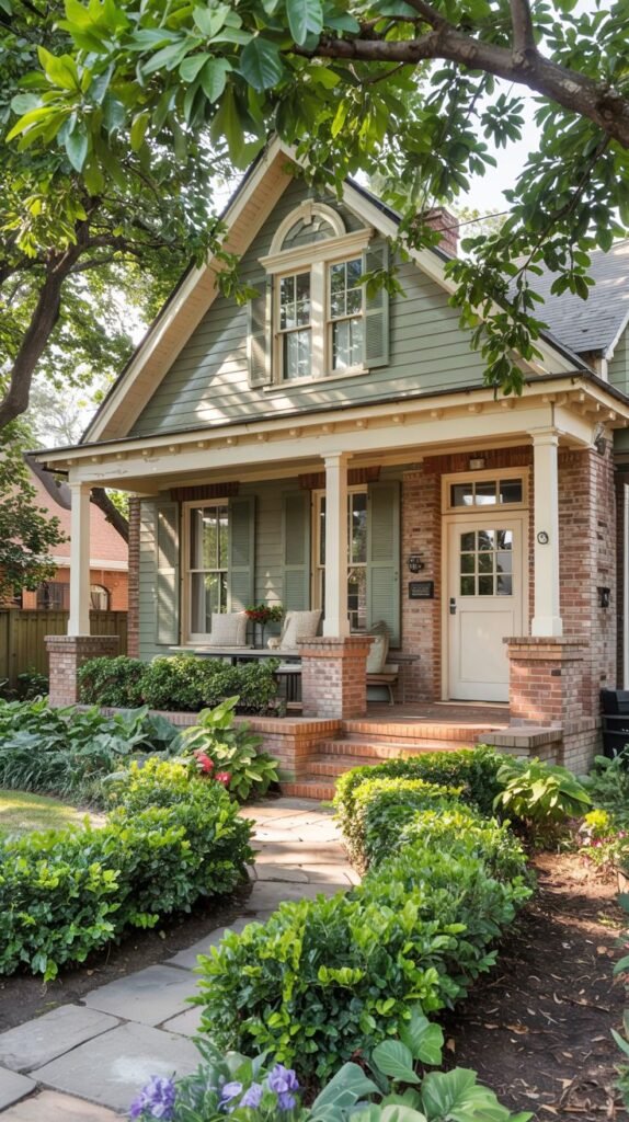 A red brick house with green siding on the upper gable, green shutters, and a light yellow door under a white columned porch. There is seating on the porch.