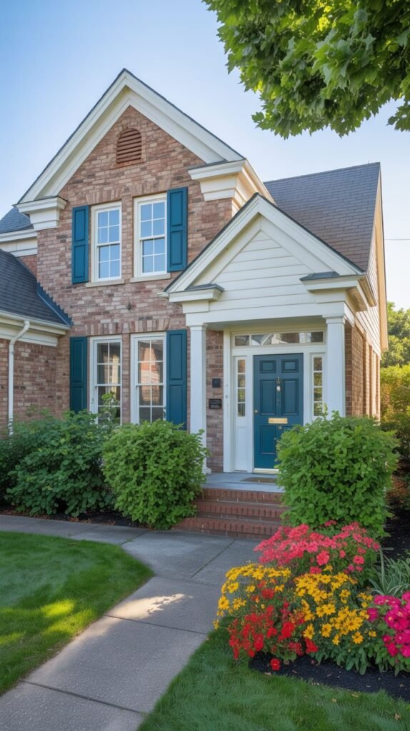 A red brick house with blue shutters, and a blue door under a white porch with columns. Brightly colored flowers are planted near the walkway.