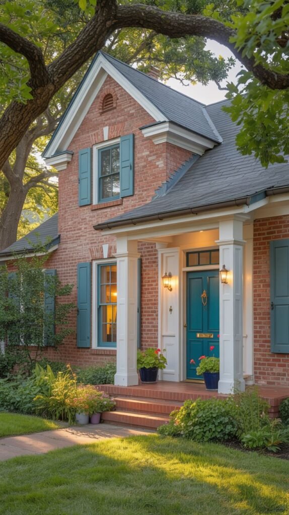 A red brick house with teal shutters and a teal door under a white porch with columns. Lamps flank the door.