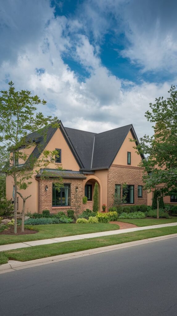 A large house with tan stucco and red brick sections, a dark roof, and black windows and door. Landscaping includes trees and shrubs along the street.