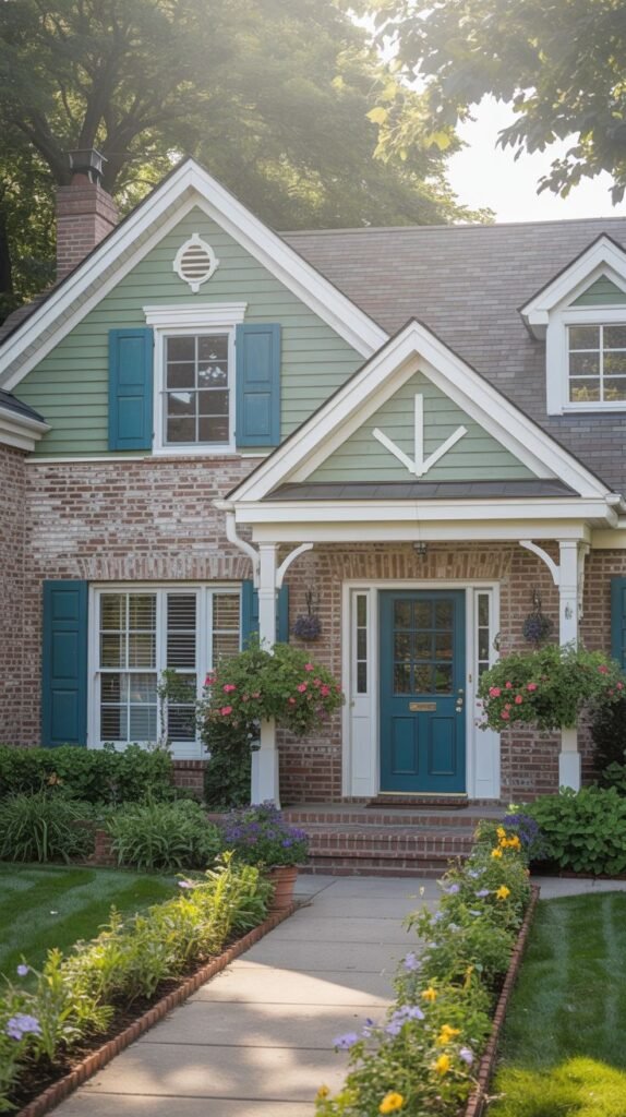 A red brick house with green siding on the upper level, teal shutters, a white porch with columns, and a teal door. A path is lined with yellow and pink flowers.