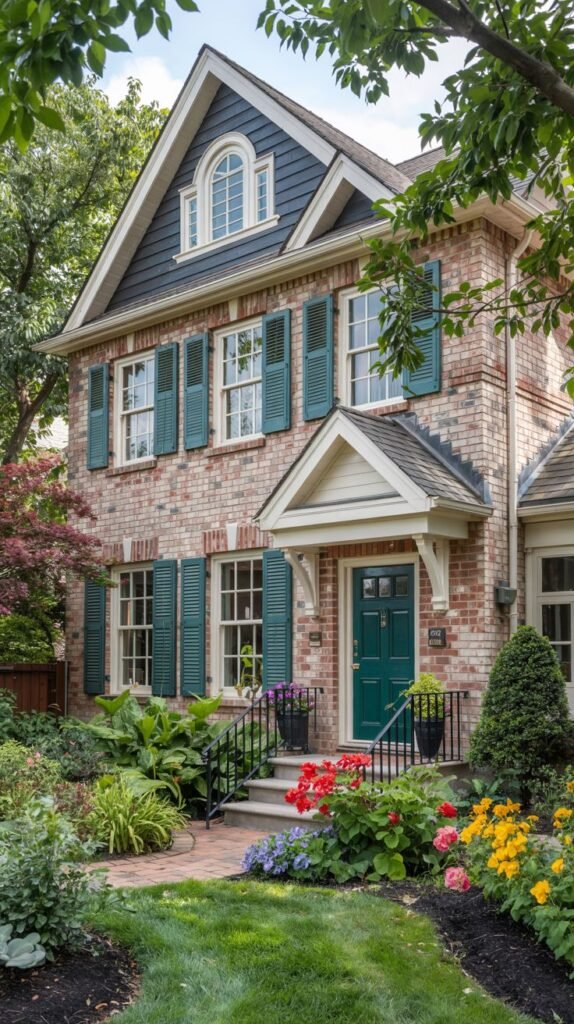 A red brick house with blue siding on the upper level, green shutters, and a green door under a white porch. Colorful flowers line the walkway. Features the number "593" near the door.