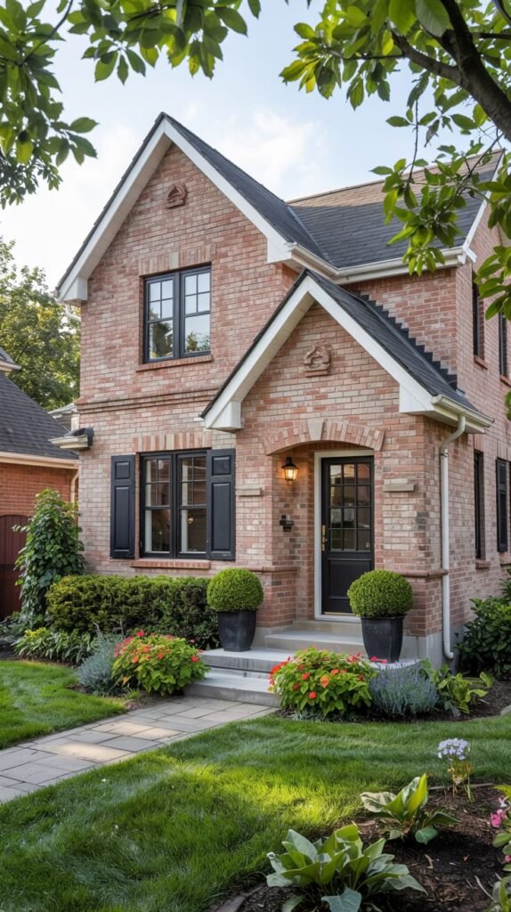 A red brick house with a dark roof and black windows and door. The door is under a small brick archway porch. Landscaping includes bushes and flowers.