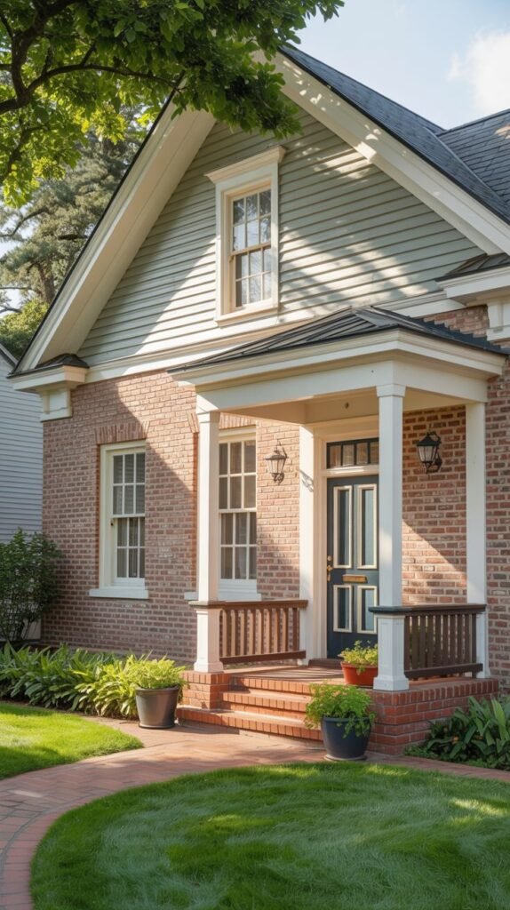 A red brick house with light grey siding on the upper gable, white window frames, and a dark door under a white porch with railings.