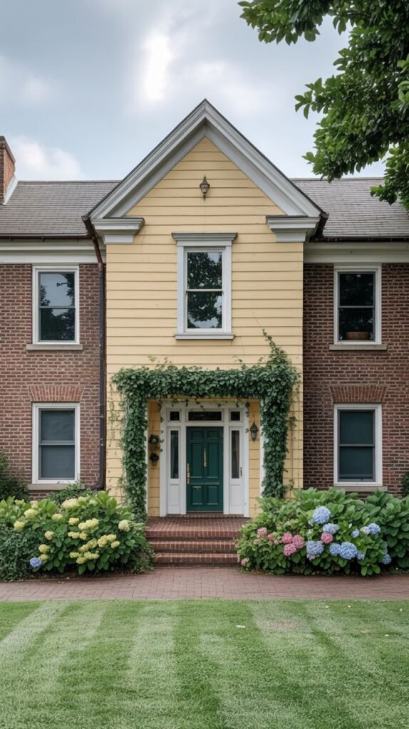 A red brick house with yellow siding on the upper level, a green door covered in ivy under a white porch. Colorful hydrangea bushes are on either side of the walkway.