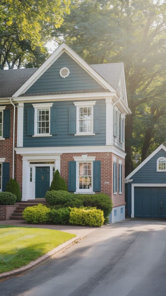 A large red brick house with blue siding on the upper level, blue shutters, and a teal door under a white porch with columns. A detached garage with a matching teal door is also visible.