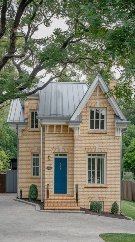 A light yellow brick house with a blue door, dark grey metal roof, dormer windows, and a paved driveway. Tall trees frame the building.