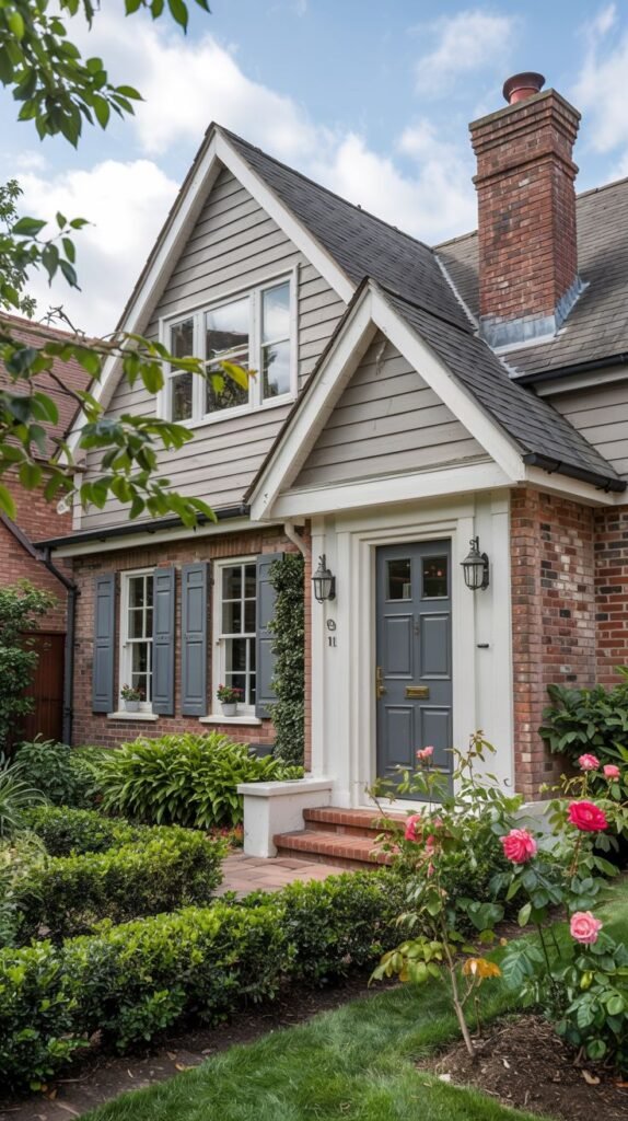 A red brick house with grey siding on the upper level, grey shutters, and a grey door. A small porch has white trim and lamps. The yard has hedges and pink roses.