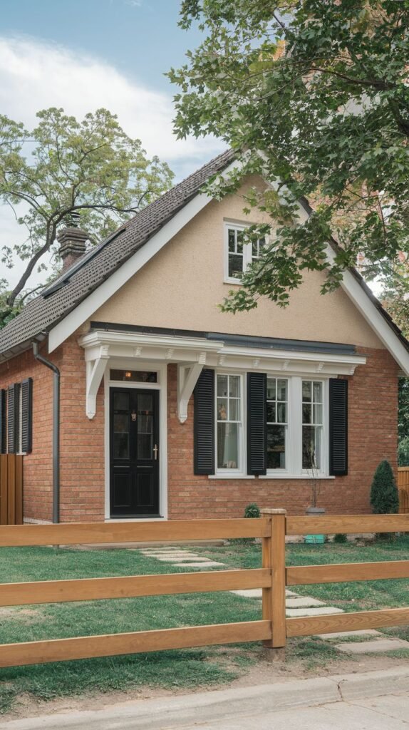 A red brick house with tan stucco on the upper gable, black shutters, and a black door under a small white porch. A wooden fence is in the foreground.