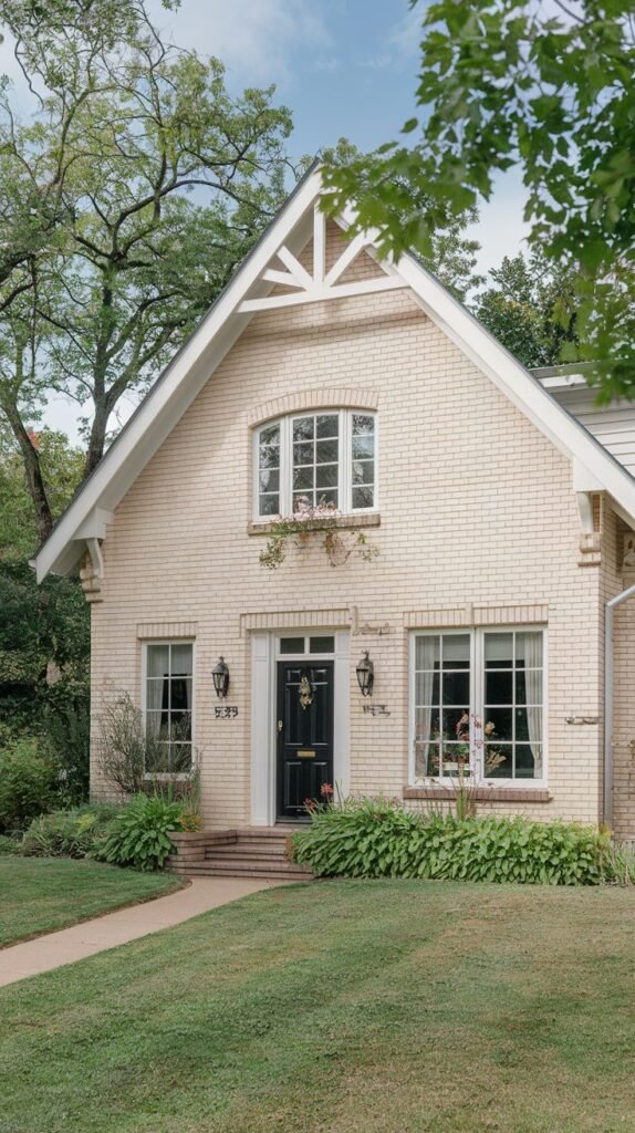 A light yellow brick house with a black door under a small white porch. Features include white trim, multiple windows, and a landscaped front yard with a path.
