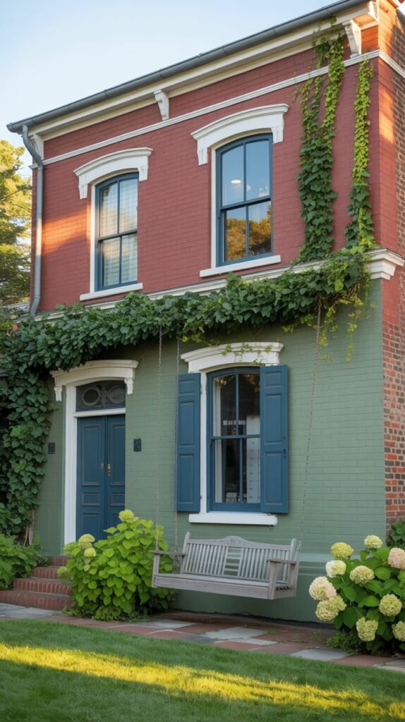 A two-story house with the upper story red brick and the lower story green brick, covered in ivy. Features a blue door, blue shutters, and a porch swing.