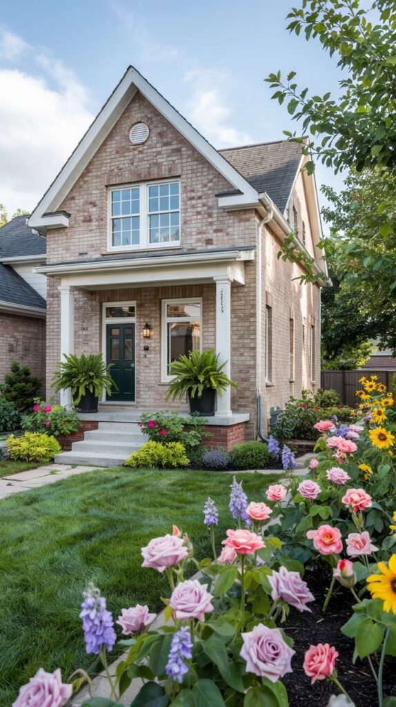 A light brown brick house with white trim, a dark green door under a white columned porch, and a walkway lined with colorful flowers including roses.