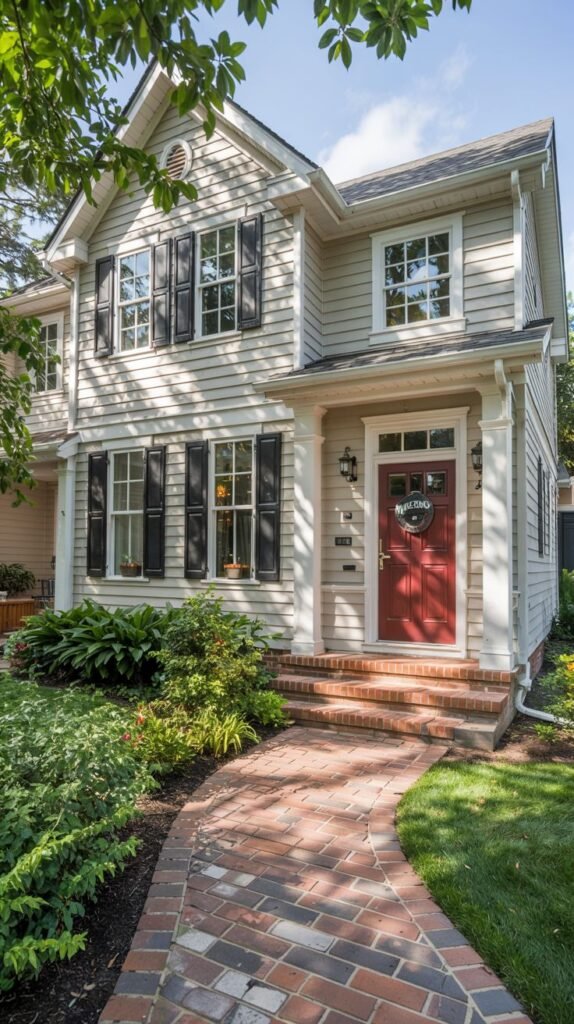 A house with light colored siding on the upper level and red brick on the lower level, black shutters, and a red door under a white porch with columns. A curved brick pathway leads to the porch.