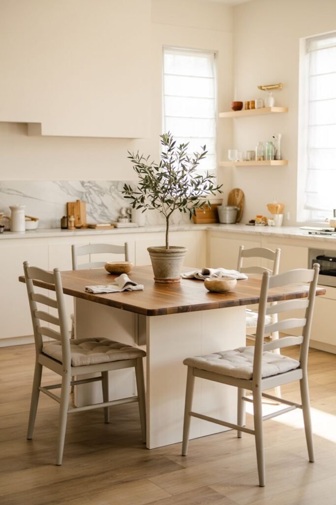 Modern farmhouse kitchen table with square top and upholstered chairs in a bright, clean kitchen.