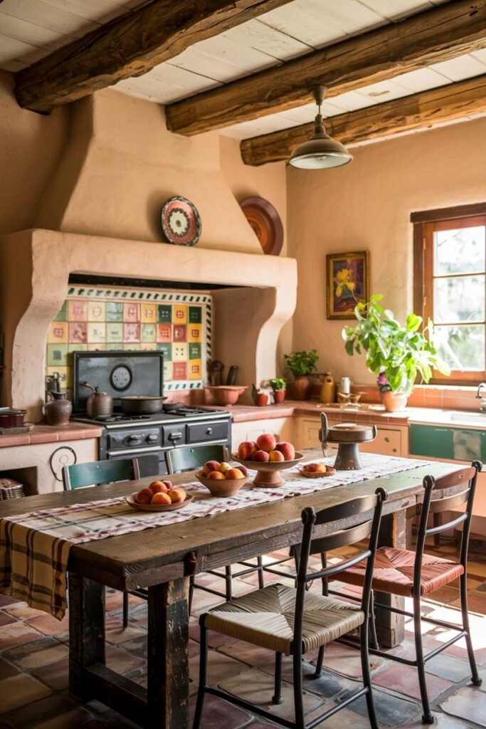 Colorful rustic farmhouse kitchen table setting with a dark wood table, metal and woven chairs, and warm-toned walls.