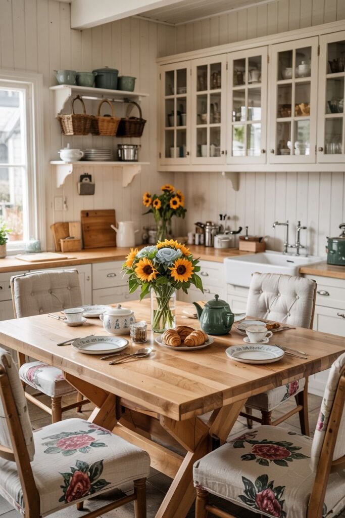 Wooden farmhouse kitchen table with X-base and upholstered floral chairs in a bright kitchen.