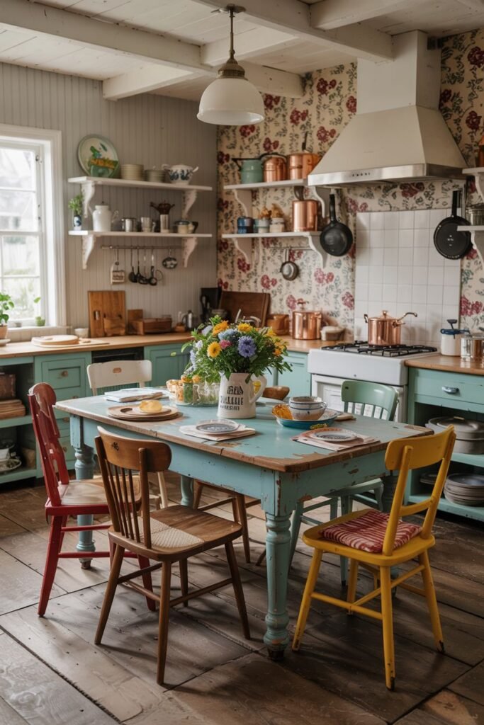 Bright farmhouse kitchen table in blue with contrasting colorful chairs and floral wallpaper. This has a rustic charm due to the mixed elements.