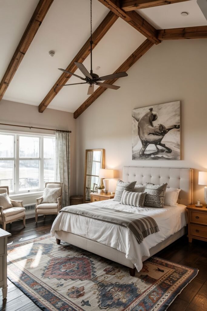 A spacious farmhouse master bedroom with a vaulted ceiling featuring exposed wooden beams. A bed with a light-colored upholstered headboard is covered in layered neutral bedding and pillows. Two upholstered chairs are near the window on the left. Nightstands with lamps are on either side. A large abstract painting hangs above the bed. A large patterned rug covers the wood floor. A ceiling fan is visible.