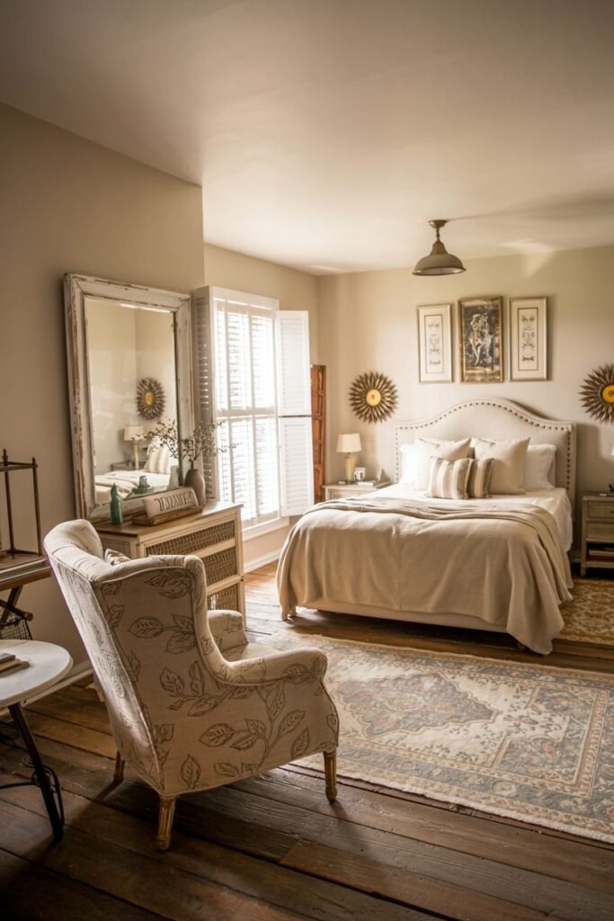 A warm farmhouse master bedroom with a bed covered in neutral bedding and pillows. A large distressed mirror leans against the wall on the left, next to a dresser. A floral armchair and small table are in the foreground. Windows with white shutters are visible. Circular sunburst mirrors hang on the wall above the nightstands. A patterned rug is on the wood floor.