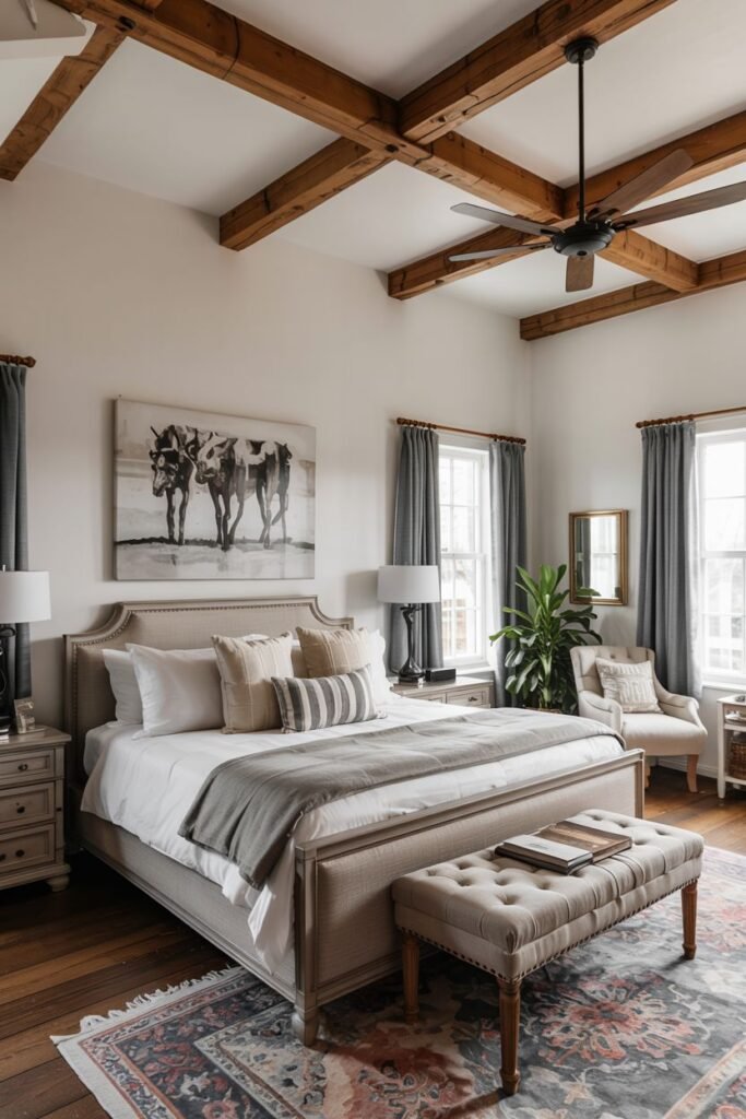 A sophisticated farmhouse master bedroom featuring a large bed with an upholstered frame and headboard. The bed is dressed in white and neutral bedding and pillows. A padded bench is at the foot of the bed. Rustic nightstands with lamps are on either side. A large plant is on the right. A large framed picture of cows hangs above the bed. Exposed wooden beams are on the ceiling. A large patterned rug is on the wood floor. Multiple windows with curtains are visible.