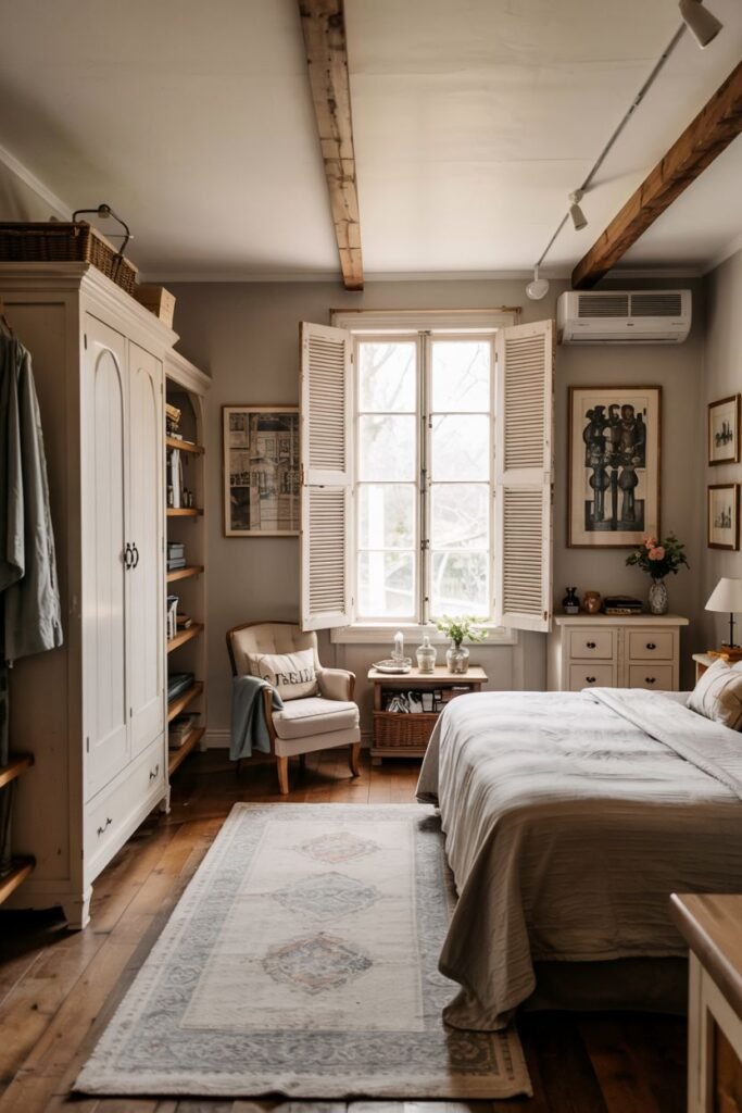 A farmhouse master bedroom with a large white wardrobe on the left and a bed covered in neutral bedding. A window with white shutters provides light. A chair is placed near the window. A rustic dresser with decor and framed pictures hangs above it. Exposed wooden beams are on the ceiling. A patterned rug is on the wood floor.