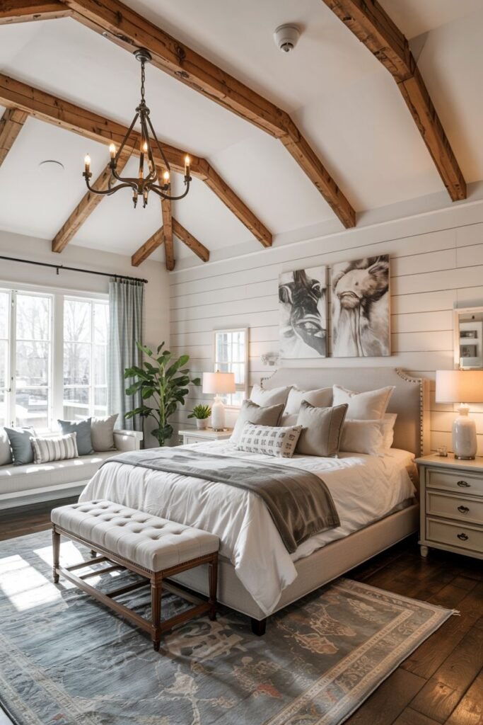 A bright farmhouse master bedroom with vaulted ceilings, exposed wooden beams, and white plank walls. A large bed with a light-colored upholstered headboard is dressed with white and neutral bedding and pillows. A padded bench is at the foot of the bed. Rustic nightstands with lamps are on either side. A window seat is under the large window on the left. Large framed pictures of cows hang above the bed. A large patterned rug is on the dark wood floor. A chandelier hangs from the ceiling.