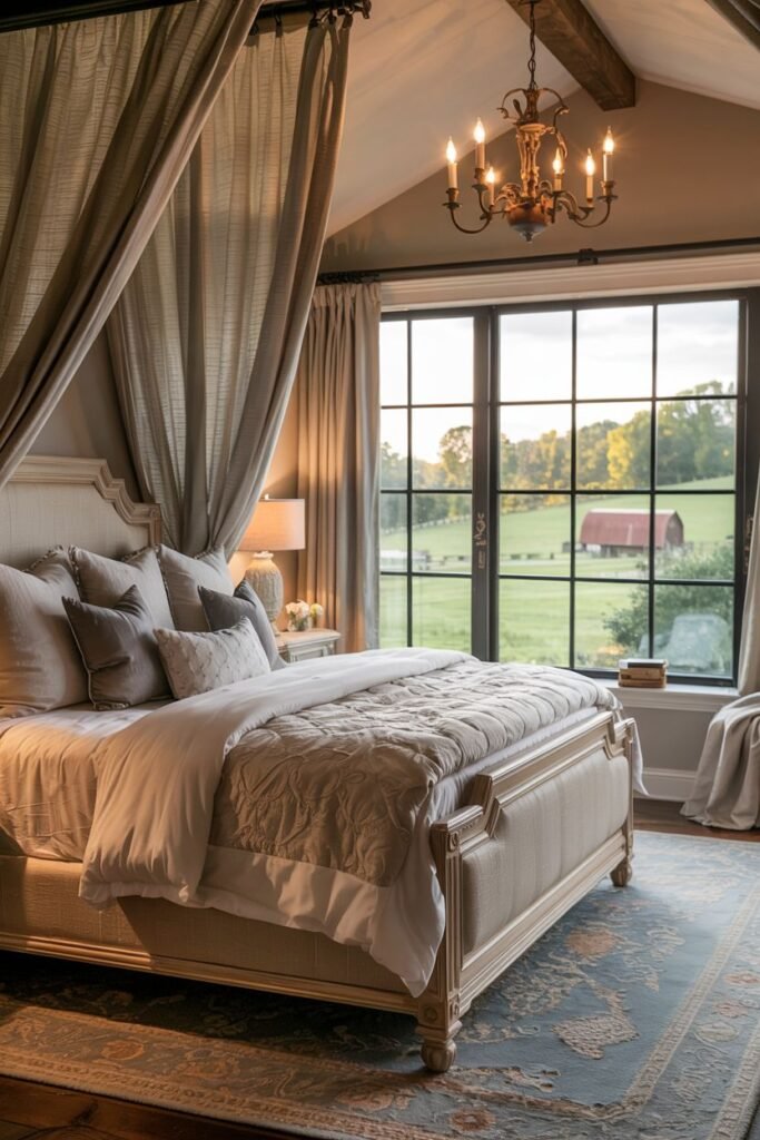 A dramatic farmhouse master bedroom with a large window offering a view of a field and red barn. The bed has a large upholstered headboard and is draped with fabric canopy panels. The bed is covered in layered neutral bedding and pillows. A nightstand with a lamp is visible. Exposed wooden beams are on the ceiling. A large patterned rug is on the wood floor. A chandelier hangs from the ceiling.