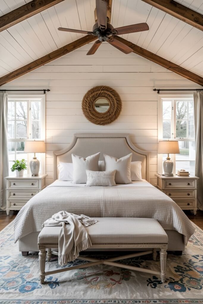 A symmetrical farmhouse master bedroom with white plank walls and a vaulted ceiling featuring exposed wooden beams. A large bed with a light-colored upholstered headboard is dressed in all white bedding and neutral pillows. A padded bench is at the foot of the bed. Matching rustic nightstands with lamps are on either side. Two windows with curtains flank the bed. A round mirror with a woven frame hangs above the bed. A patterned rug is on the wood floor. A ceiling fan is mounted between the beams.