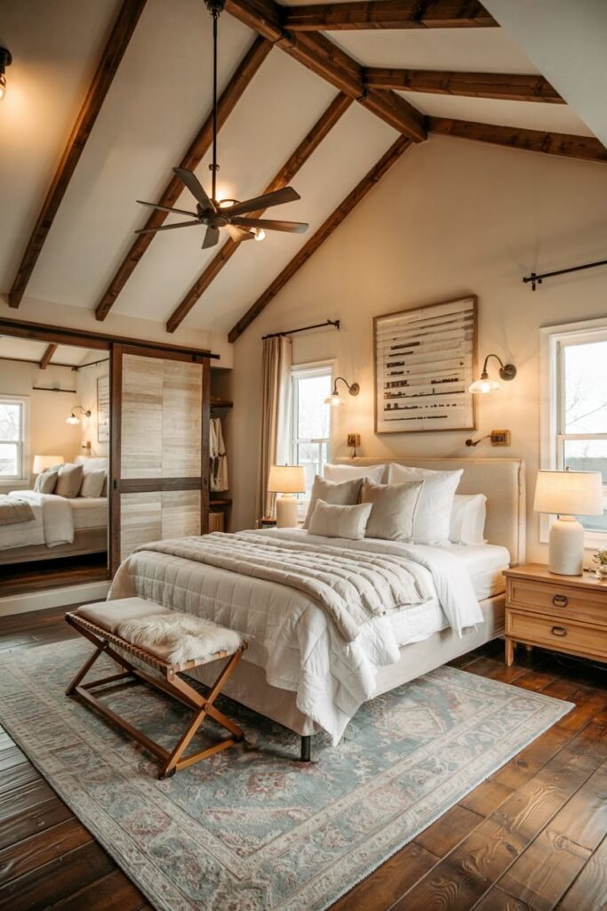 A stylish farmhouse master bedroom with vaulted ceilings, exposed wooden beams, and white plank walls. A bed with a light-colored upholstered headboard is covered in layered white and neutral bedding and pillows. A padded bench with a sheepskin throw is at the foot of the bed. Wooden nightstands with lamps are on either side. A large sliding mirrored barn door is on the left, revealing a closet. Art hangs above the bed. A large patterned rug is on the wood floor. A ceiling fan is mounted between the beams.