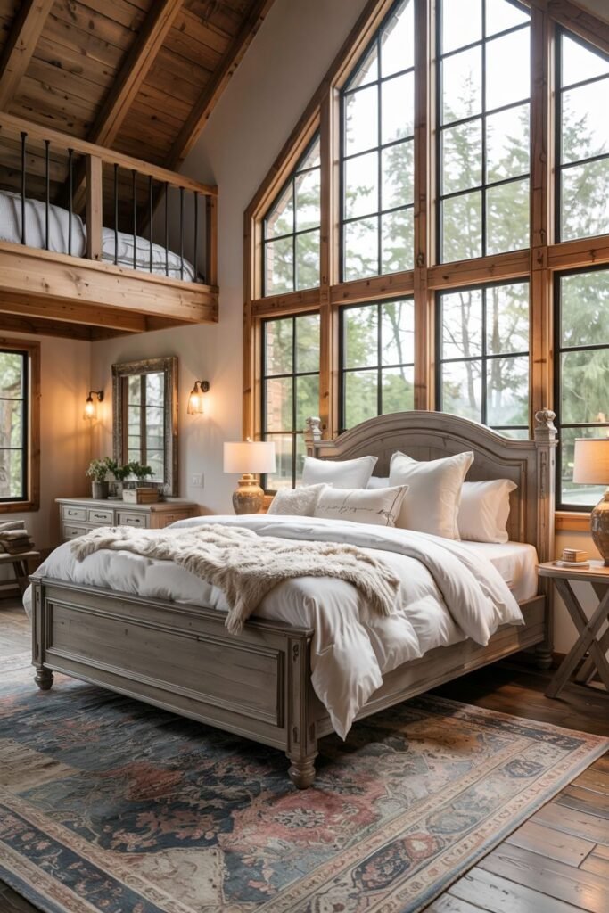 A striking farmhouse master bedroom with a very large window offering a view of trees. The bed has a rustic wooden frame and is covered in white and neutral bedding and pillows. A bench with a furry throw is at the foot of the bed. A rustic wooden dresser with a mirror and decor is on the left. Rustic nightstands with lamps are on either side. Exposed wooden beams and planking are on the ceiling. A large patterned rug is on the wood floor. A loft area is visible above the dresser.