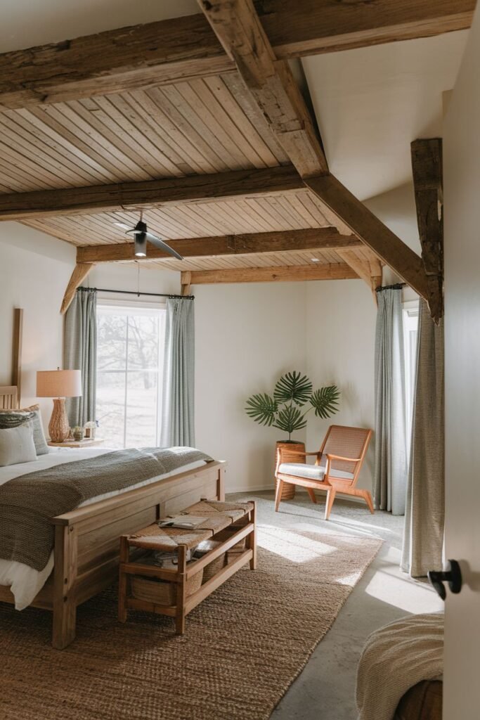 A farmhouse master bedroom with a dramatic ceiling featuring exposed wooden beams and planking. A simple wooden bed is covered in neutral bedding. A wooden bench is at the foot of the bed. A nightstand with a lamp is on the left. A wicker chair and large plant are on the right. Large windows with curtains let in sunlight. A jute rug is on the floor. A ceiling fan is mounted between the beams.