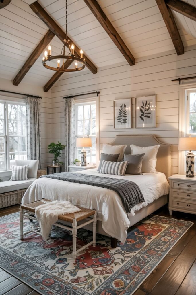 A bright farmhouse master bedroom with white plank walls and vaulted ceilings featuring exposed wooden beams. A bed with a light-colored upholstered headboard is dressed in white and grey bedding and pillows. A padded bench with a sheepskin throw is at the foot of the bed. Rustic nightstands with lamps are on either side. A window seat is under the window on the left. Framed botanical prints hang above the bed. A large patterned rug is on the dark wood floor. A chandelier hangs from the ceiling.