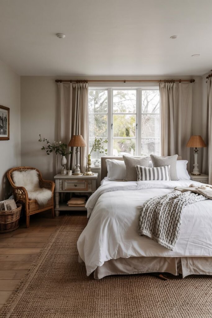 A farmhouse master bedroom featuring a bed with white bedding, striped and solid pillows, a grey knit throw, and a pleated bed skirt. A woven chair with a sheepskin throw sits to the left of the bed, next to a nightstand with a lamp and vase. A large jute rug covers dark wood floors. The room has neutral colored walls and windows with light-colored curtains.